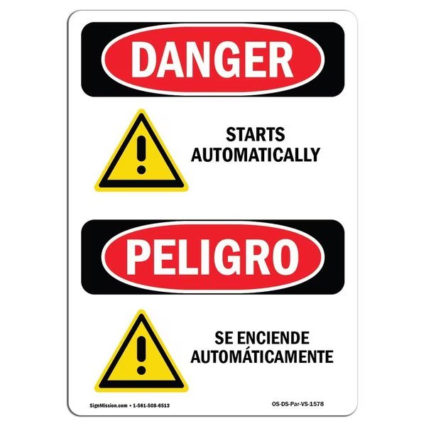 OSHA Sign, Starts Automatically Bilingual, 10in X 7in Rigid Plastic, 7